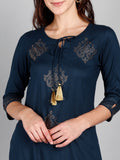 Rayon Embellished Solid Kurta - Blue
