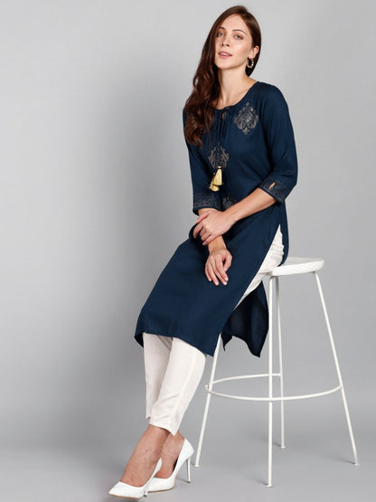 Rayon Embellished Solid Kurta - Blue