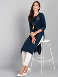 Rayon Embellished Solid Kurta - Blue