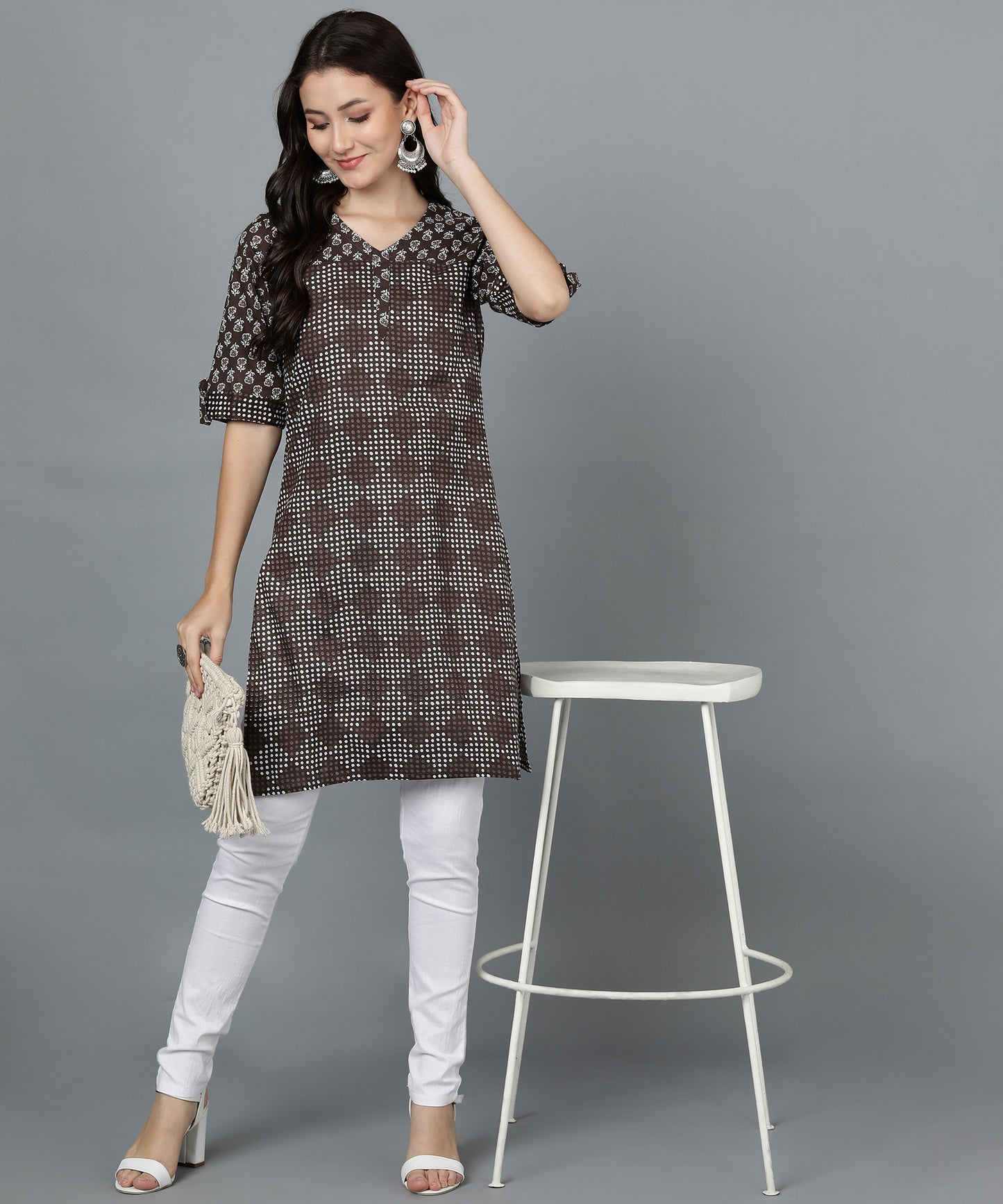 Abstract Print Straight Tunic - Brown