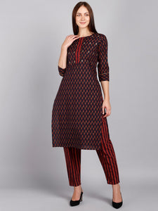 Pure Cotton Floral, Striped Print Kurta and Pant Set - Navy Blue
