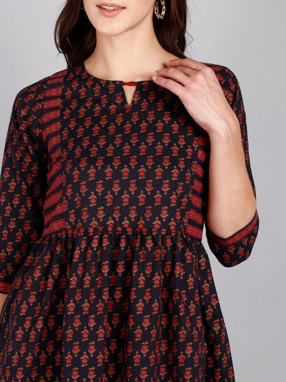 Printed Pure Cotton Peplum Top - Navy Blue