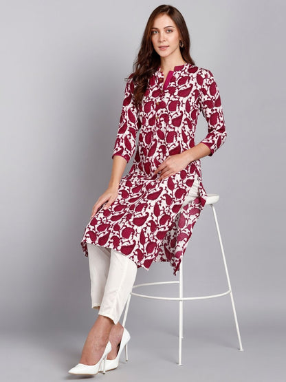 Rayon Slub Leaf Print Straight kurta - Pink