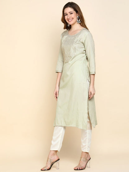 Sequin Embroidered Straight Kurta - Green
