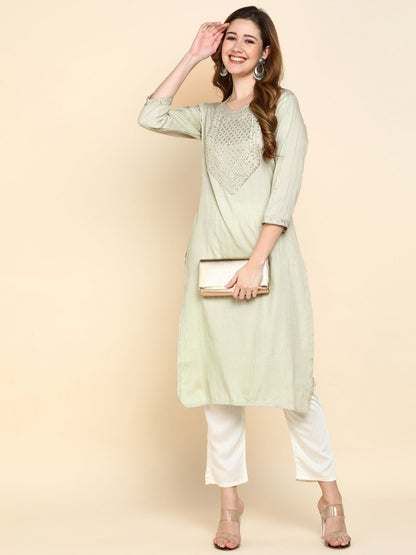Sequin Embroidered Straight Kurta - Green