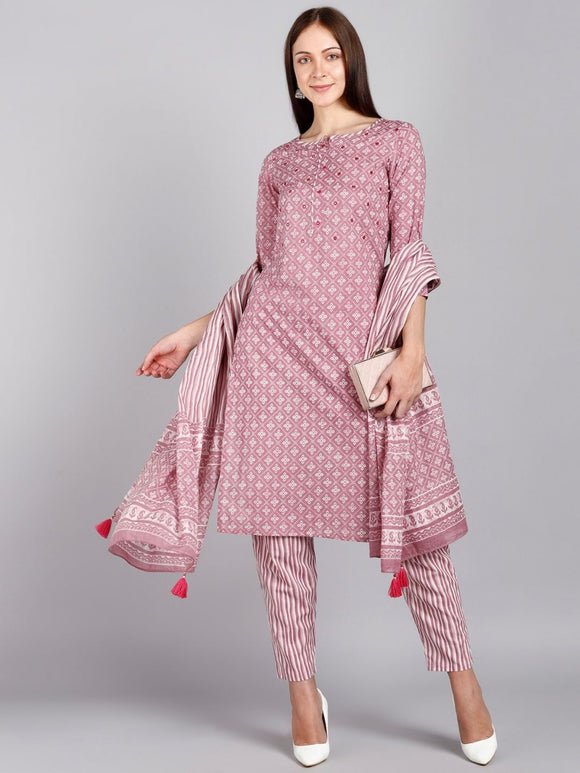 Pure Cotton Printed Kurta, Pants and Dupatta Set - Pink
