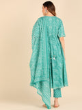 Bandhani Lehariya Print Kurta, Pant and Dupatta Set - Turquoise