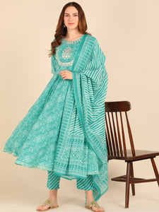 Bandhani Lehariya Print Kurta, Pant and Dupatta Set - Turquoise