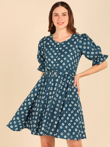 Abstract Print Fit & Flare Pure Cotton Dress - Blue