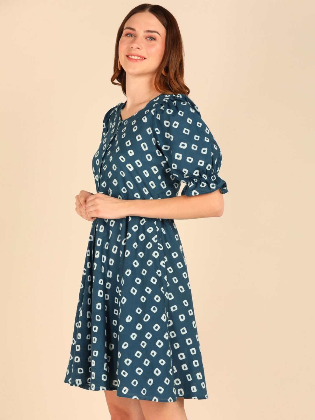 Abstract Print Fit & Flare Pure Cotton Dress - Blue