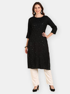 Solid Aari Sequin Embroidered Straight Kurta - Black