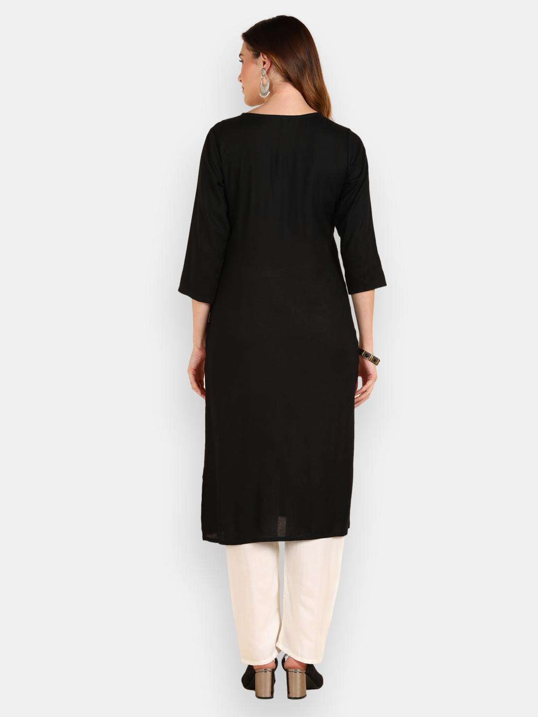 Solid Aari Sequin Embroidered Straight Kurta - Black