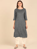 Solid Aari Sequin Embroidered Straight Kurta - Grey