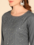 Solid Aari Sequin Embroidered Straight Kurta - Grey