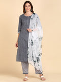 Pure Cotton Print Straight Kurta, Pant and Dupatta Set - Grey