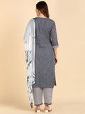 Pure Cotton Print Straight Kurta, Pant and Dupatta Set - Grey
