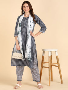Pure Cotton Print Straight Kurta, Pant and Dupatta Set - Grey