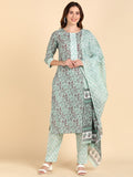 Cotton Floral Print Kurta, Pant and Dupatta Set - Cyan