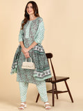 Cotton Floral Print Kurta, Pant and Dupatta Set - Cyan