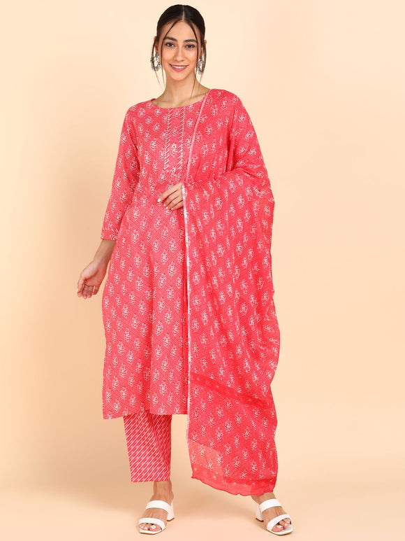 Pure Cotton Floral Print Kurta, Pant and Dupatta Set - Pink