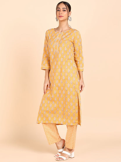 Pure Cotton Floral Print Kurta, Pant and Dupatta Set - Yellow