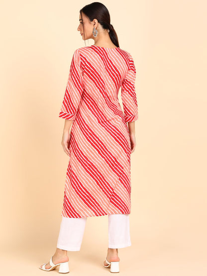 Lehariya Print Embroidered Straight Kurta - Peach