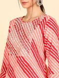 Lehariya Print Embroidered Straight Kurta - Peach