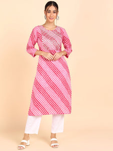 Lehariya Print Embroidered Straight Kurta - Pink