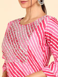 Lehariya Print Embroidered Straight Kurta - Pink