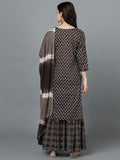 Floral Print Embroidered Kurta, Sharara and Dupatta Set - Brown