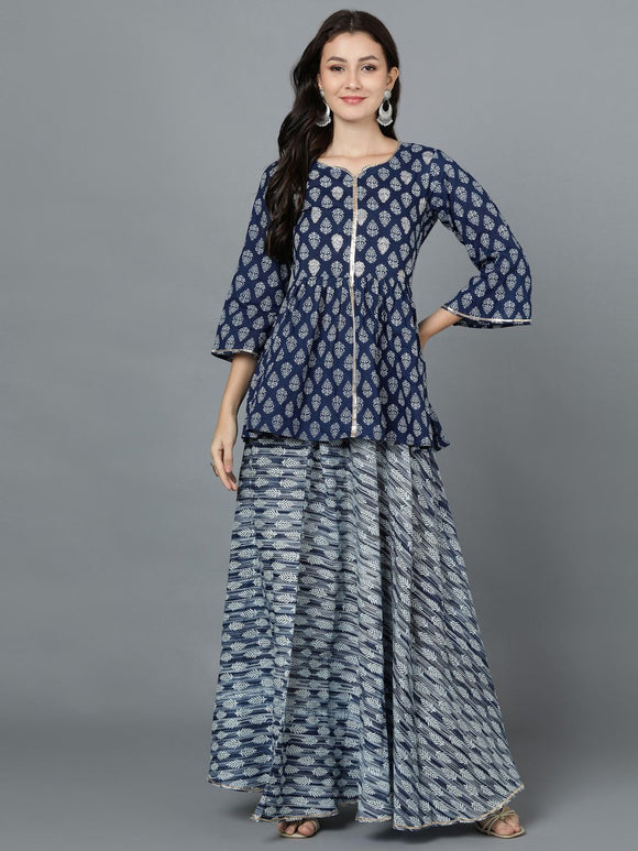 Indigo Print Pure Cotton Embroidered Peplum Top with Flared Skirt