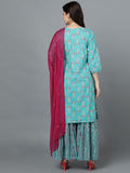 Floral Striped Print Hand Embroidered Kurta, Sharara and Dupatta Set - Turquoise