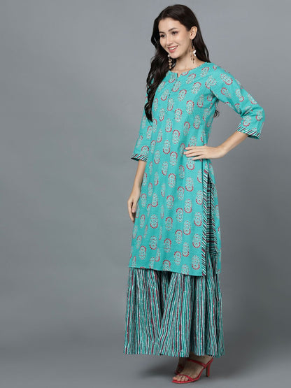 Floral Striped Print Hand Embroidered Kurta, Sharara and Dupatta Set - Turquoise