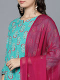 Floral Striped Print Hand Embroidered Kurta, Sharara and Dupatta Set - Turquoise