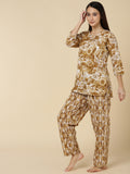 Floral Abstract Print Pure Cotton Lounge Set - Brown