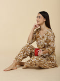 Floral Abstract Print Pure Cotton Lounge Set - Brown