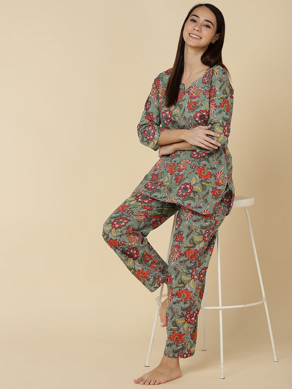 Floral Print Pure Cotton Lounge Set - Peach