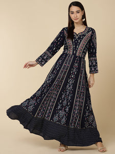 Ethnic Printed Anarkali Flared Kurta with Tassels - Blue
