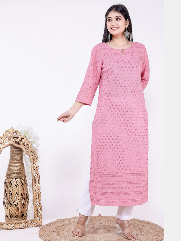 Chikan Sequin Embroidered Straight Kurta - Pink
