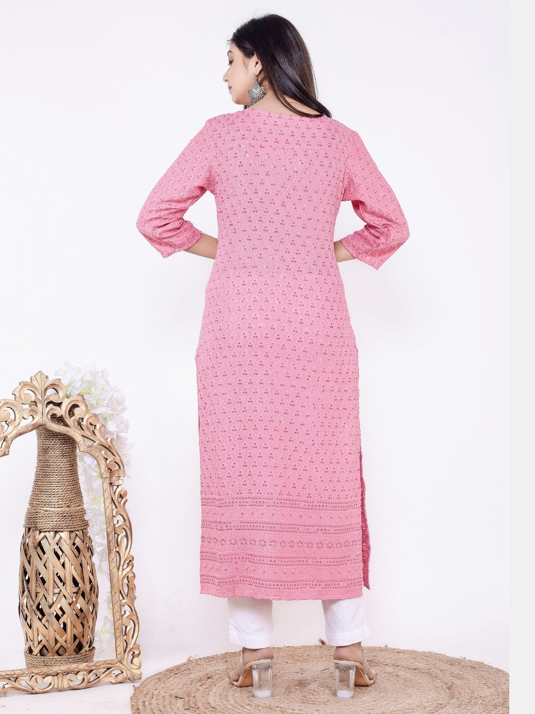 Chikan Sequin Embroidered Straight Kurta - Pink