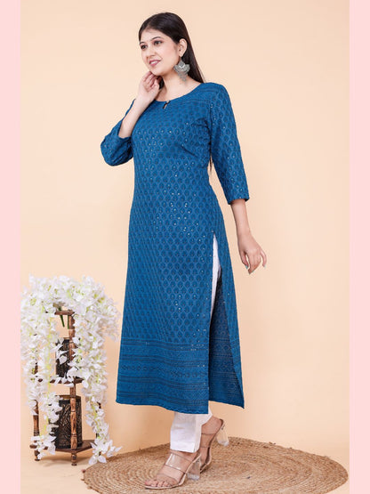 Chikan Sequin Embroidered Straight Kurta - Blue
