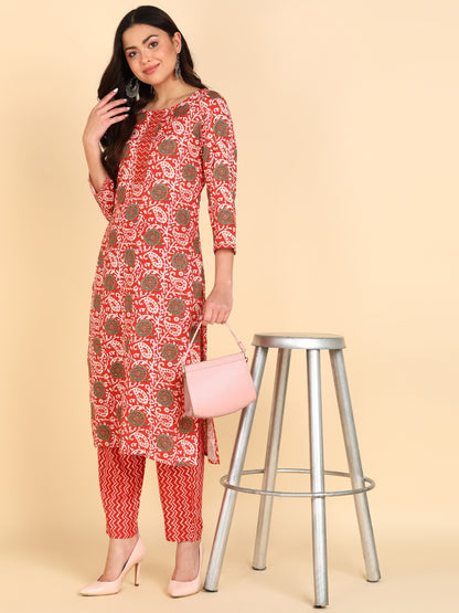 Paisly Print Handwork Kurta Pant Set - Peach