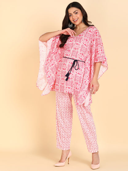 Abstract Print Kaftan Top with Pants Co-ord Set - Pink