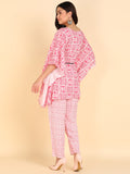 Abstract Print Kaftan Top with Pants Co-ord Set - Pink