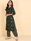 Muslin Floral Stripes Print Handwork Kurta Pant Set - Dark Green