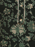 Muslin Floral Stripes Print Handwork Kurta Pant Set - Dark Green