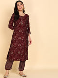 Muslin Floral Stripes Print Handwork Kurta Pant Set - Maroon