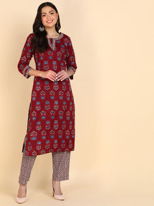 Pure Cotton Floral Print Kurta Pant Set - Maroon