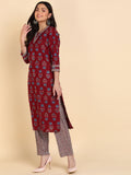 Pure Cotton Floral Print Kurta Pant Set - Maroon