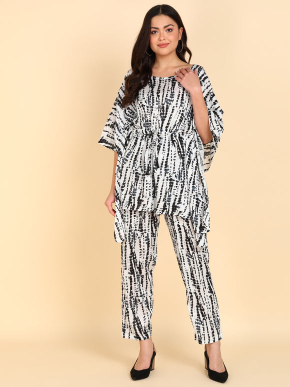 Shibori Print Kaftan Top with Pants Co-ord Set - Black